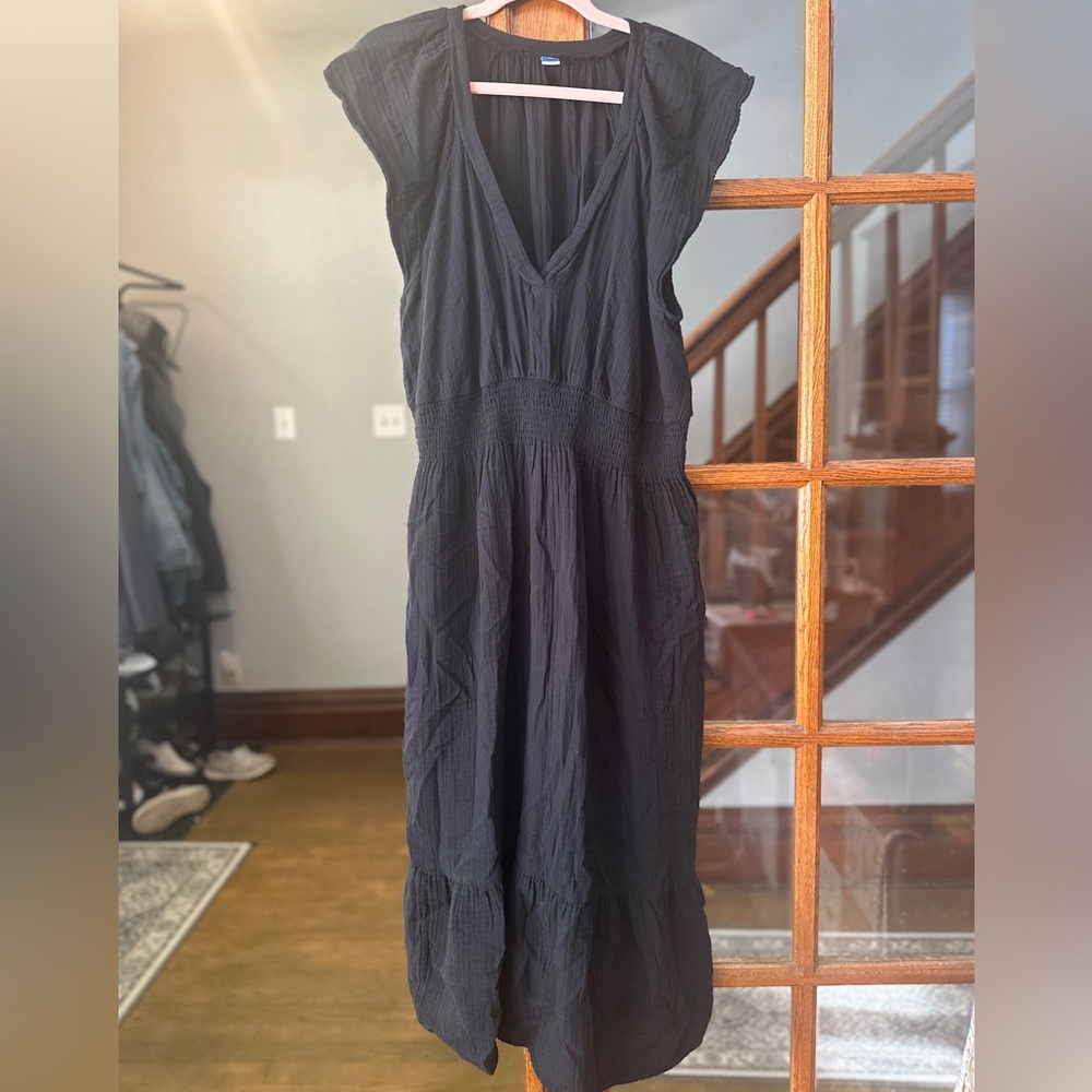 Long black cotton butterfly sleeve dress